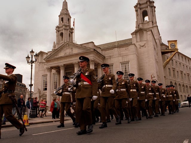 The Prince of Wales ' Own Regiment exercising its right to the Freedom of the City of Leeds.