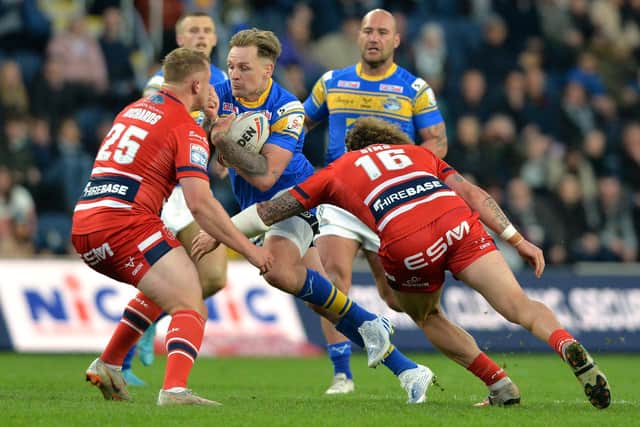 Blake Austin on the attack for Rhinos against Hull KR. Picture by Bruce Rollinson.