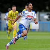 Crucial goal: Guiseley striker Kaine Felix netted the winner against Spennymoor. Picture: Steve Riding