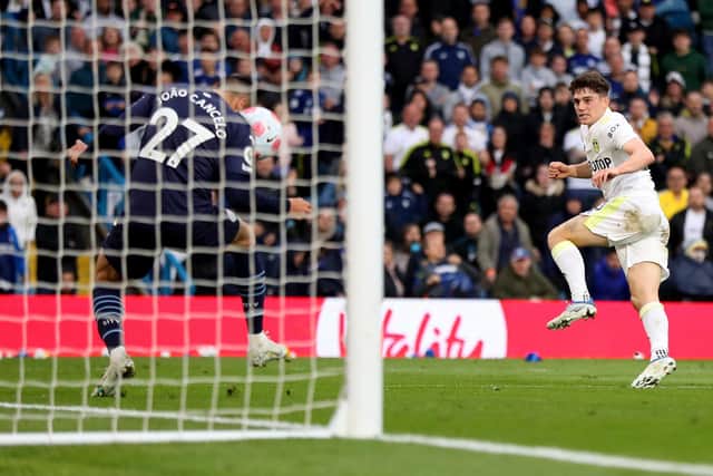 IMPACT: Dan James, right, had one of just two Leeds United shots on target against Manchester City, the other coming from fellow substitute Joe Gelhardt as both helped the Whites improve in the final third. Photo by Lewis Storey/Getty Images.