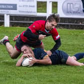 Ben Dixon, with ball, scored a try in Leeds Tykes crucial victory at Taunton on Saturday. Picture: Tony Johnson.