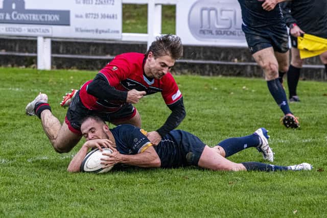 Ben Dixon, with ball, scored a try in Leeds Tykes crucial victory at Taunton on Saturday. Picture: Tony Johnson.