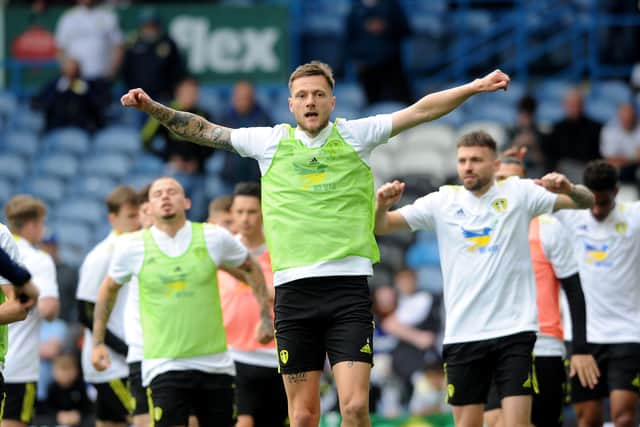 Leeds United captain Liam Cooper was injured in the warm-up and played no part in the Whites' 4-0 Premier League defeat to Manchester City at Elland Road on Saturday. Picture: Simon Hulme.