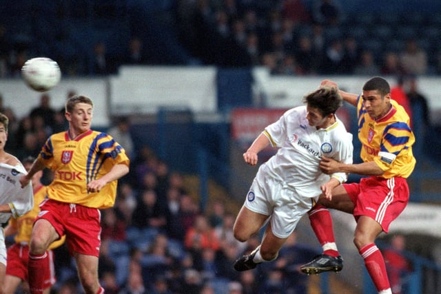 Leeds United took a 2-1 lead to Selhurst Park. Pictured is Matthew Jones heading home during the first leg at Elland Road.