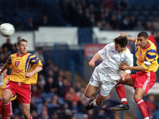 Leeds United took a 2-1 lead to Selhurst Park. Pictured is Matthew Jones heading home during the first leg at Elland Road.