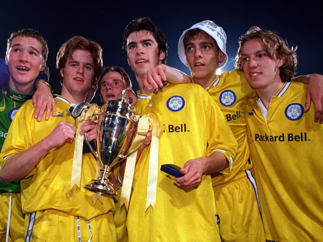 Goalkeeper Paul Robinson, Alan Maybury, Andy Wright, Damian Lynch, Jonathan Woodgate and Wesley Boyle celebrate winning the FA Youth Cup.
