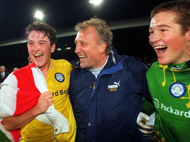Manager Paul Hart celebrates with goal scorer Lee Matthews and goalkeeper Paul Robinson.