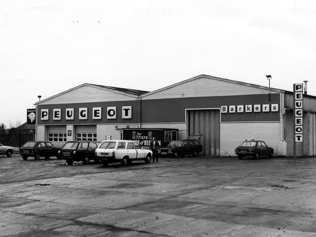 Barker's garage and car showroom, a Peugeot dealer, on Old Lane pictured in February 1980.