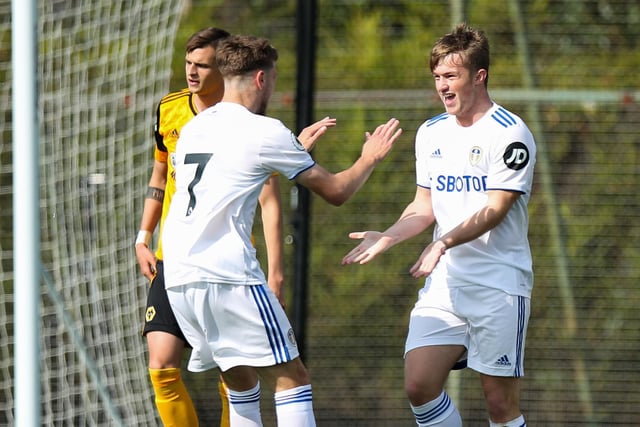 Gelhardt nets his first goal for the U23s in a 2-2 draw with Wolverhampton Wanderers' youngsters at Leeds' Thorp Arch training ground (Photo: Robbie Jay Barratt - AMA/Getty Images)