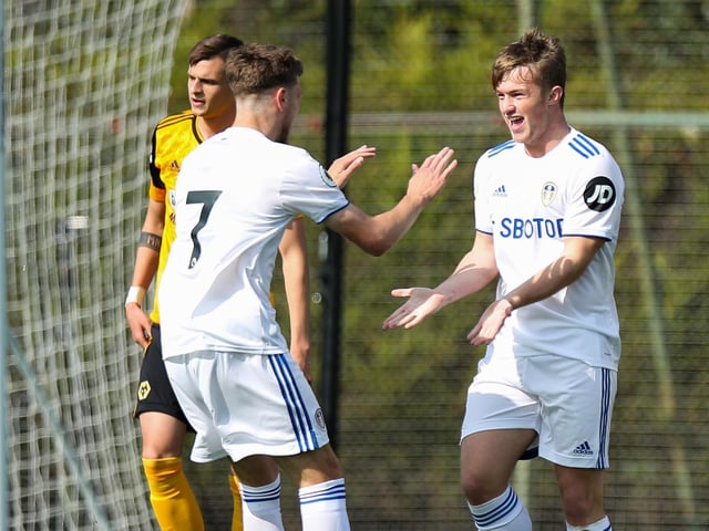 Gelhardt nets his first goal for the U23s in a 2-2 draw with Wolverhampton Wanderers' youngsters at Leeds' Thorp Arch training ground (Photo: Robbie Jay Barratt - AMA/Getty Images)