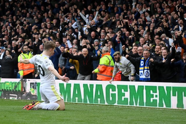 The dying embers of Leeds' must-win Premier League match against Norwich City in March saw the Canaries equalise in the 91st minute. Gelhardt's introduction from the bench yielded a last-gasp winner in front of the Elland Road Kop after some impressive aerial work in the build-up.

(Photo by Michael Regan/Getty Images)