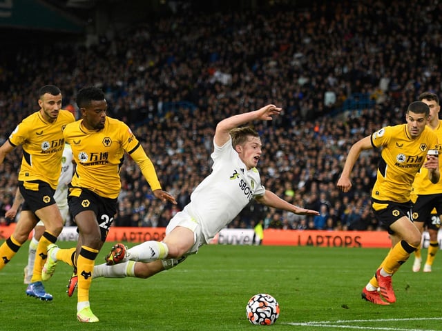 After making a senior debut for the club away to Fulham in the Carabao Cup and a Premier League debut against Southampton, Gelhardt announces himself to Elland Road with a game-changing substitute appearance versus Wolves in which he earns a last-minute penalty.
(Photo by OLI SCARFF/AFP via Getty Images)