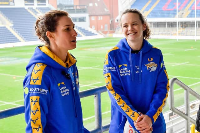 Leeds Rhinos Women's head coach Lois Forsell, right, pictured with Courtney Winfield-Hill. Picture: Will Palmer/SWpix.com.
