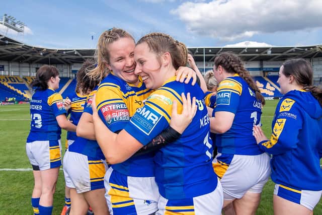 Leeds Rhinos Women’s Emma Lumley and Chloe Kerrigan celebrate their side’s victory over York in the Challenge Cup semi-final. Picture: Allan McKenzie/SWpix.com.