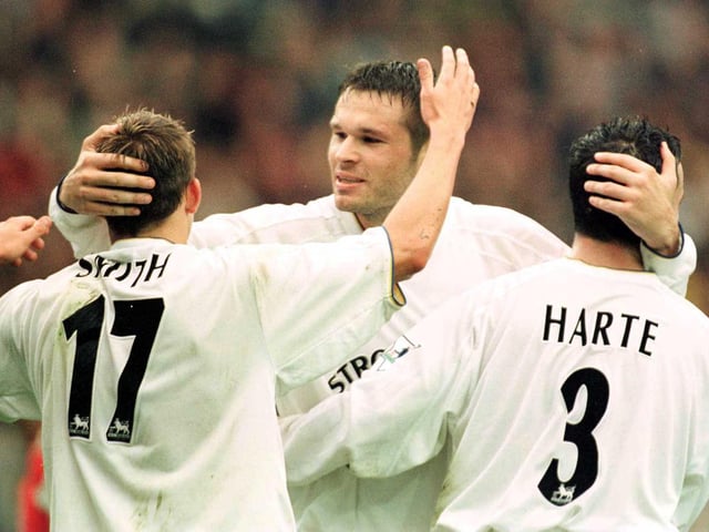 Mark Viduka celebrates scoring during the Premiership clash against Charlton Athletic at Elland Road in October 2000.