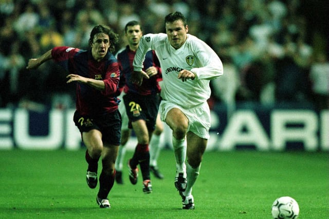 Barcelona's Carlos Puyol tries to chase down Mark Viduka during the Champions League Group H match at Elland Road in October 2000. The game finished 1-1.