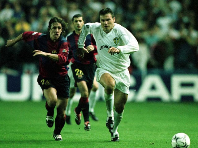 Barcelona's Carlos Puyol tries to chase down Mark Viduka during the Champions League Group H match at Elland Road in October 2000. The game finished 1-1.