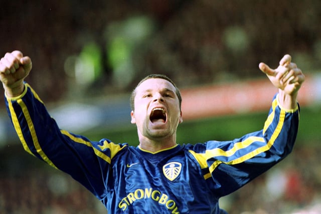 Mark Viduka celebrates scoring during the Premiership clash against Manchester United at Old Trafford in October 2001.