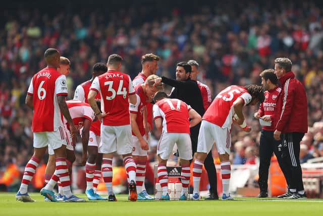 DEMAND: From Arsenal boss Mikel Arteta, centre, ahead of Sunday's clash against Leeds United at the Emirates. Photo by Catherine Ivill/Getty Images.