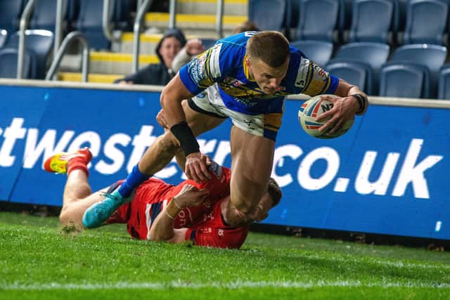 Leeds Rhiinos' Ash Handley in action against Hull KR. Picture: Bruce Rollinson.