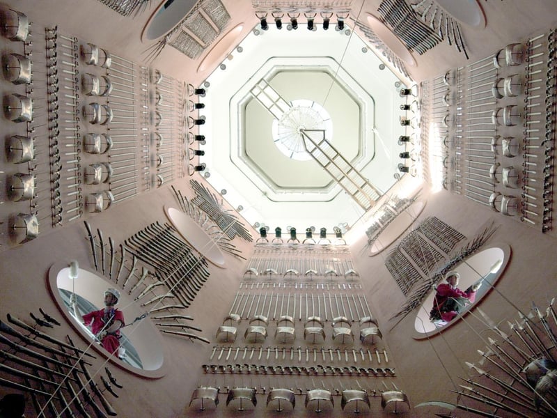 Rope access technicians Phil Gregson (left) and Craig Hannah, clean the tower, at the Royal Armouries in February 2000.