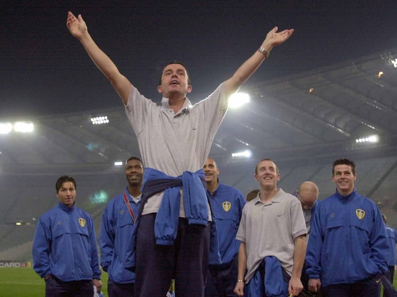 Gary Kelly leads the singing with the travelling faithful after Leeds United's 1-0 win against Lazio in the Stadio Olimpico.