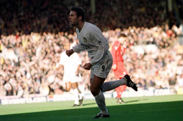 Mark Viduka celebrates scoring one of his four goals against Liverpool at Elland Road in November 2000. PIC: Getty