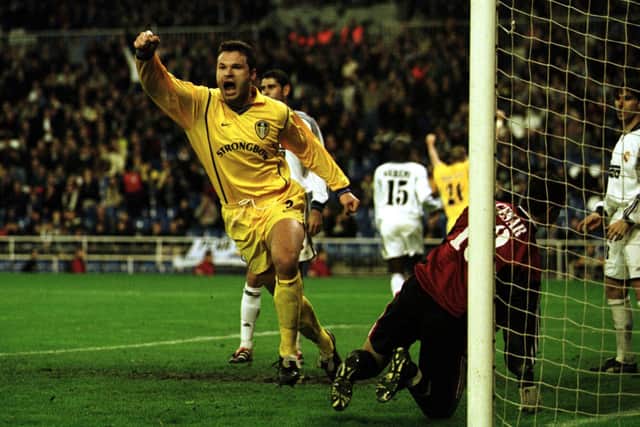 Mark Viduka celebrates scoring against Real Madrid during the Champions League Group D match at the Bernabeu Stadium in March 2001. PIC: Getty