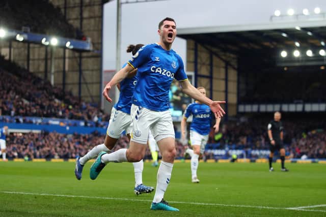 DISADVANTAGE: For Leeds United's relegation rivals Everton highlighted by defender Michael Keane, pictured celebrating after netting his side's second goal against the Whites in February's 3-0 win at Goodison Park. Photo by Marc Atkins/Getty Images.