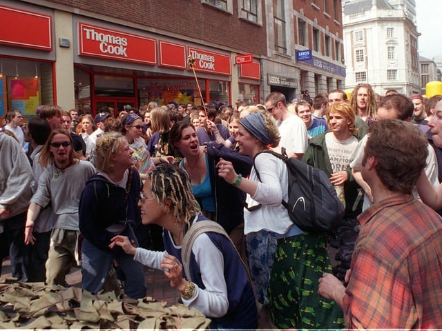 The Reclaim The Streets movement staged a protest in Leeds city centre. Demonstrators are pictured on Albion Street.