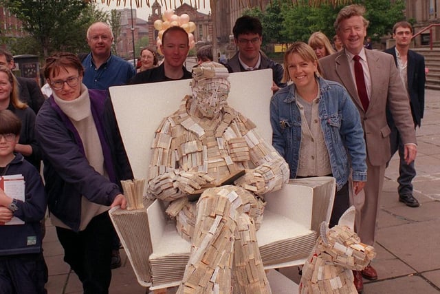 Artist Ali Allen (right) with her sculpture Figure of Speech at Victoria Gardens in the city centre. She is pictured with her supporters and Coun Bernard Atha, chair of Leeds City Council's Cultural Services.
