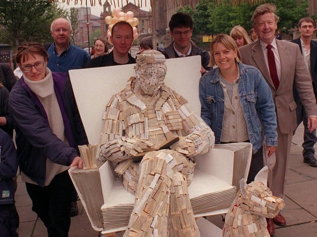 Artist Ali Allen (right) with her sculpture Figure of Speech at Victoria Gardens in the city centre. She is pictured with her supporters and Coun Bernard Atha, chair of Leeds City Council's Cultural Services.