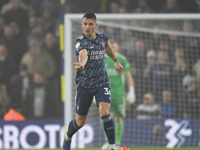 Granit Xhaka escaped a sending off for a lunge on Raphinha at Elland Road earlier this season (Photo by David Price/Arsenal FC via Getty Images)