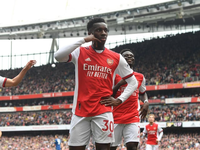 Former Leeds United loanee Eddie Nketiah has usurped Alexandre Lacazette as Arsenal's starting striker of late. He has been in good form, too, scoring against Chelsea and Manchester United in recent fixtures (Photo by Stuart MacFarlane/Arsenal FC via Getty Images)
