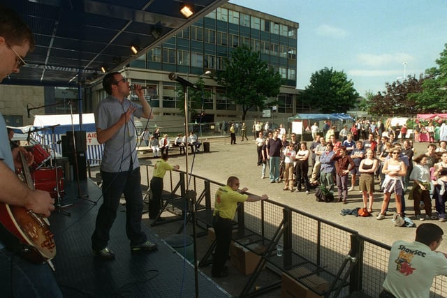 Steve Cooper, lead singer with New Souls, sings to the crowd at Gay Weekend held in Leeds city centre.