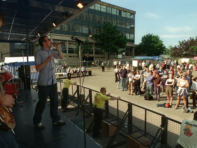 Steve Cooper, lead singer with New Souls, sings to the crowd at Gay Weekend held in Leeds city centre.