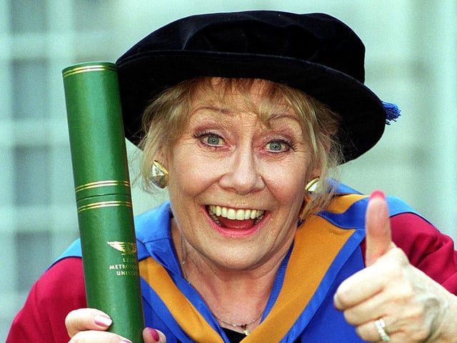 Actress Liz Dawn is pictured outside Leeds Civic Hall where she received an honorary doctorate from Leeds Metropolitan University.