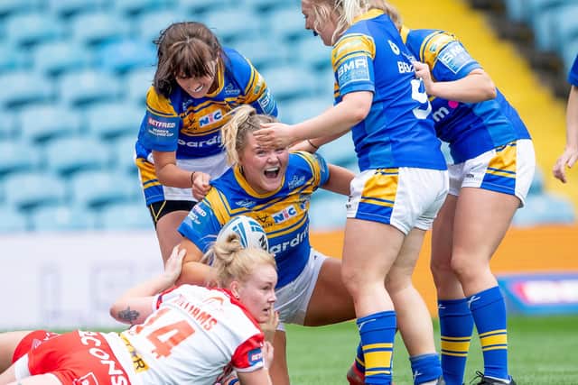 Leeds Rhinos' Zoe Hornby celebrates her try against St Helens in the Challenge Cup final. Picture: Allan McKenzie/SWpix.com.
