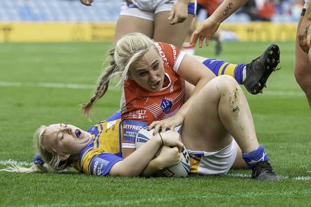 St Helens' Jodie Cunningham touches down late on against Leeds Rhinos at Elland Road. Picture: Alex Whitehead/SWpix.com.