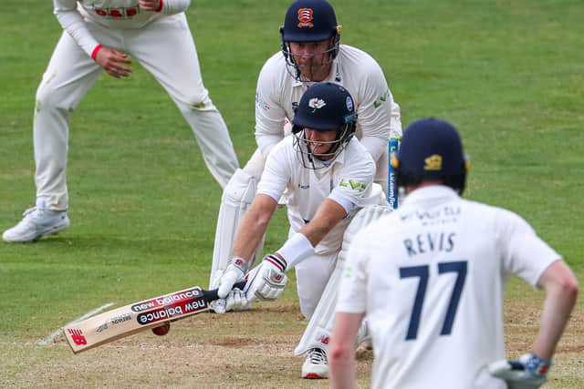 Joe Root reverse sweeps on day three of Essex v Yorkshire in Chelmsford Picture: John Heald