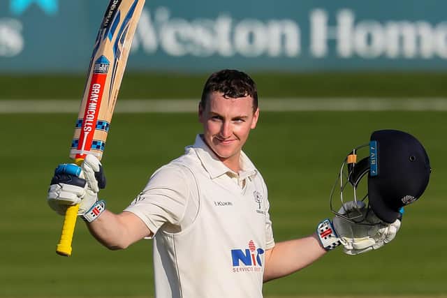 Harry Brook celebrates his century on day three of Essex v Yorkshire in Chelmsford Picture: John Heald