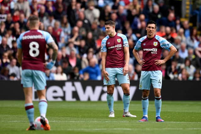 FORCED OFF: Burnley captain James Tarkowski, centre, suffered a hamstring injury in Saturday's 3-1 defeat at home to Aston Villa.
Photo by OLI SCARFF/AFP via Getty Images.