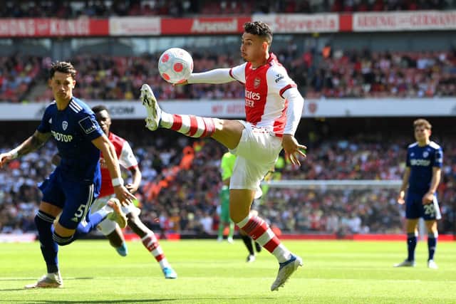 Arsenal forward Gabriel Martinelli controls the ball at the Emirates. Pic: Mike Hewitt.