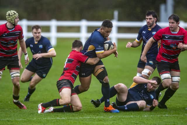 Dominic Hardman, with ball, touched down for Leeds Tykes against Cinderford. Picture: Tony Johnson.