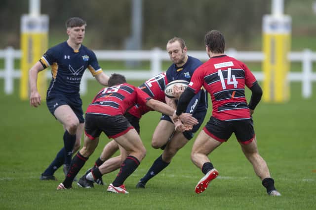 Leeds Tykes' Andrew Lawson, with ball, scored a try against Cinderford. Picture: Tony Johnson.