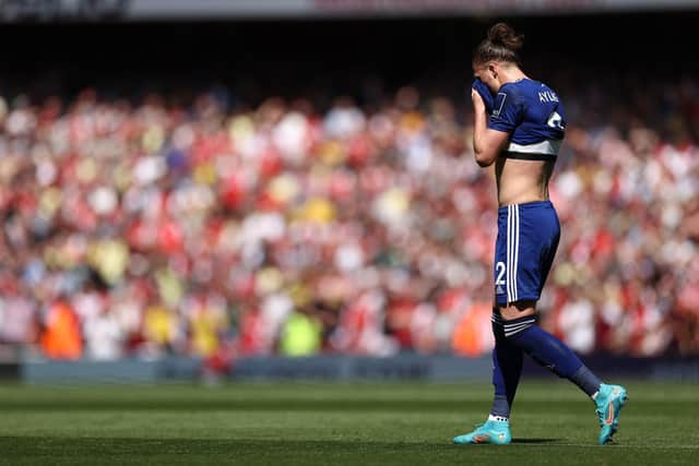 RED: Luke Ayling trudges off at the Emirates Stadium following his first-half red card (Photo by Ryan Pierse/Getty Images)