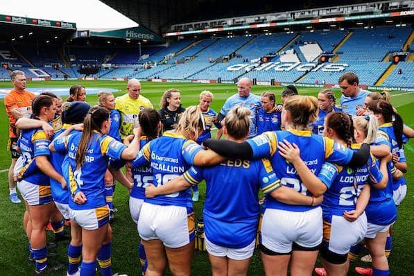 Rhinos' huddle before their Women's Challenge Cup final against St Helens. Picture by Alex Whitehead/SWpix.com.