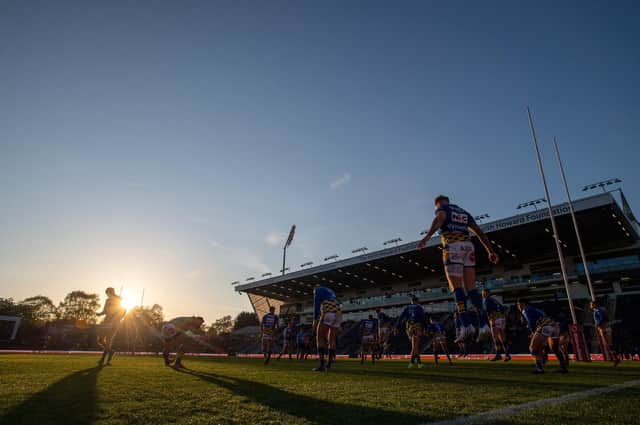 Rhinos warm-up for the game agianst Hull KR, when 13 senior players were unavailable. Picture by Bruce Rollinson.