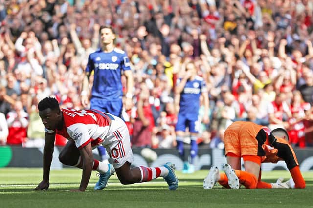 DISASTER: Leeds United made an already very hard task even harder by shooting themselves in the foot in the opening stages at Arsenal, starting in the fifth minute with a gift for Eddie Nketiah, above. Photo by Ryan Pierse/Getty Images.