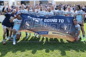 Featherstone Rovers celebrate their 1895 Cup semi-final win over Barrow. Picture: John Clifton/SWpix.com.